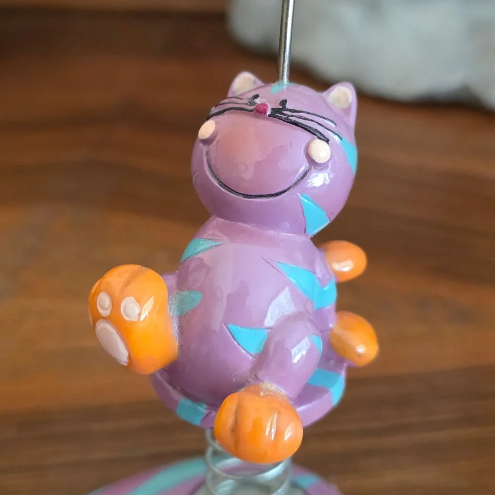 Blowfish Purple Striped Bobble Cat Double Photo Memo Clip Holder Desk Decor